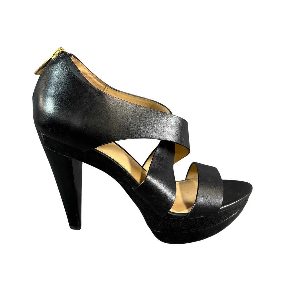 Michael Kors Black Leather Crisscross Platform Sandals Gold Zip Heel Size 6